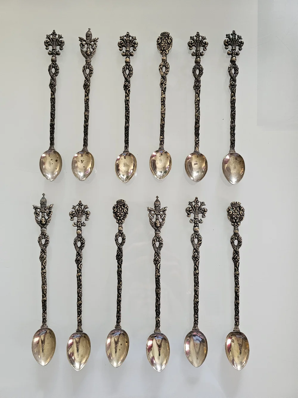 Antique Burdines Set of 12 Ornate Silver Plated Teaspoons, Made in Italy